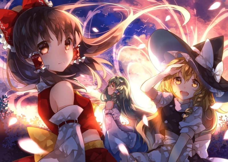 Hakurei Reimu, 720P, anime, Touhou, Kochiya Sanae, Kirisame Marisa, miko, red ribbon