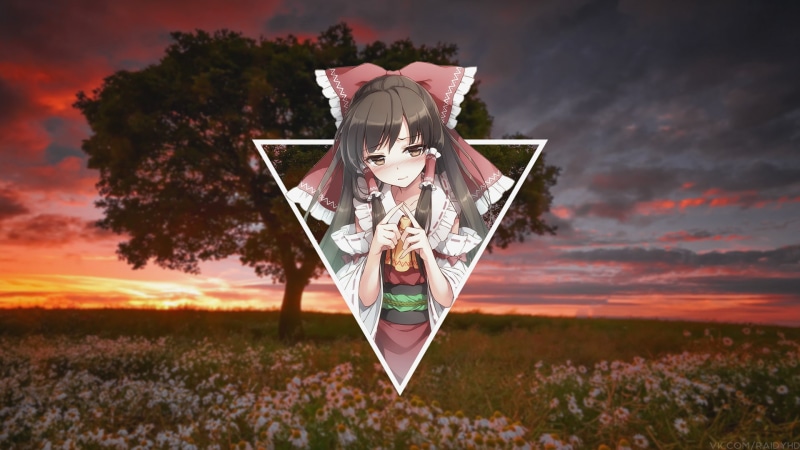 Hakurei Reimu, tree, flower, art and craft, sunset, anime girls, flowering plant, cloud - sky, nature, creativity, field, outdoors, no people, anime, land