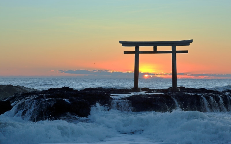 surf, sea, torii, sunset, gate, Japan, 2K