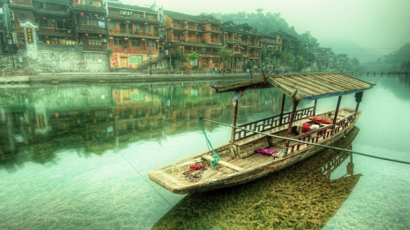 river, day, wooden, mode of transportation, no people, 1080P, residential district, boat, outdoors, brown, HDR, reflection, nature, moored, transportation