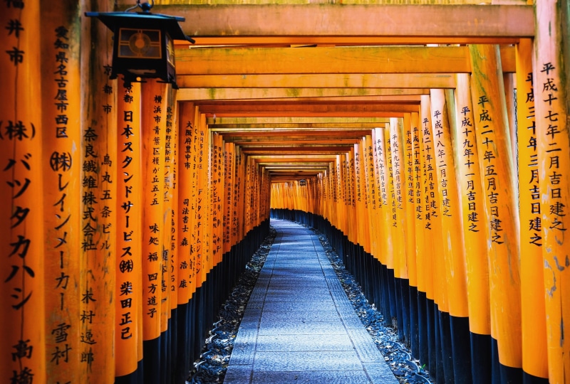 fushimi inari, walkway, path, torii, worship, architectural column, type, black, diminishing perspective, kyoto, gate, built structure, yellow, 4K, architecture