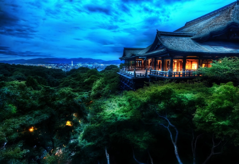 outdoors, cloud - sky, sky, building, house, spirituality, night, Kyoto, landscape, building exterior, architecture, shrine, place of worship, tree, nature