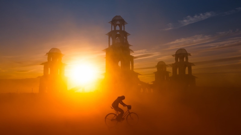 bicycle, 1080P, sky, sunset, brown, history, no people, nature, orange color, tower, wooden, travel, clouds, travel destinations, built structure, transportation