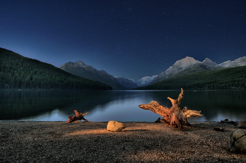 light painting, illustration, Bowman  Lake, banff National Park, driftwood, sky, 4K, outdoors, canada, Night Photography, beauty In Nature, mountain Range