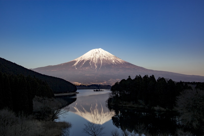 scenics - nature, Mt Fuji, mountains of japan, volcanic crater, evening, mountain Peak, water surface, landscape, winter, water, lake, tranquil scene, reflection