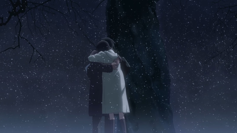 tree, young adult, obscured face, rear view, real people, lifestyles, leisure activity, one person, women, cold temperature, winter, 5 Centimeters Per Second