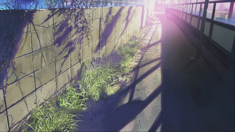 outdoors, fence, 5 Centimeters Per Second, shadow, boundary, concrete, 1080P, barrier, tranquility, grass, nature, anime, wall, no people, growth, day