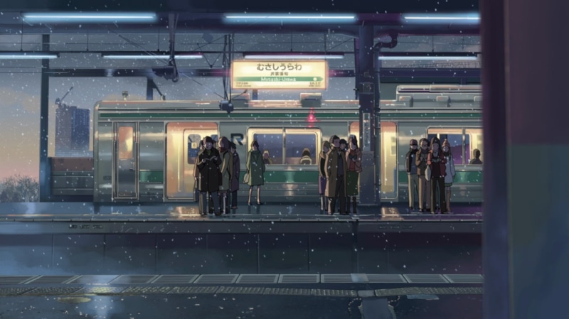 Makoto Shinkai , gray, black, adult, real people, public transportation, rail transportation, women, people, anime, group of people, station, men, transportation