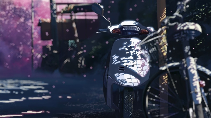 parking, transportation, no people, land vehicle, motor scooter, anime, headlight, focus on foreground, outdoors, 5 Centimeters Per Second, motorcycle