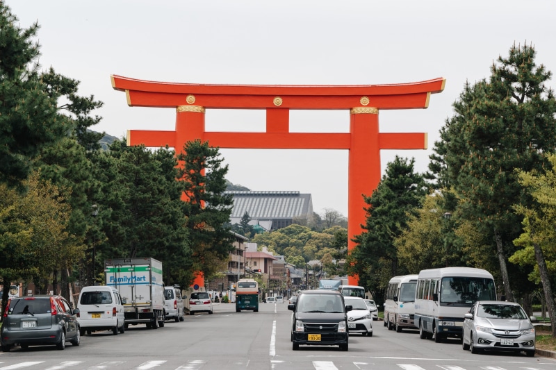 transportation, built structure, land vehicle, travel destinations, heian, motor vehicle, street, building exterior, tree, kyoto, plant, shrine, torii