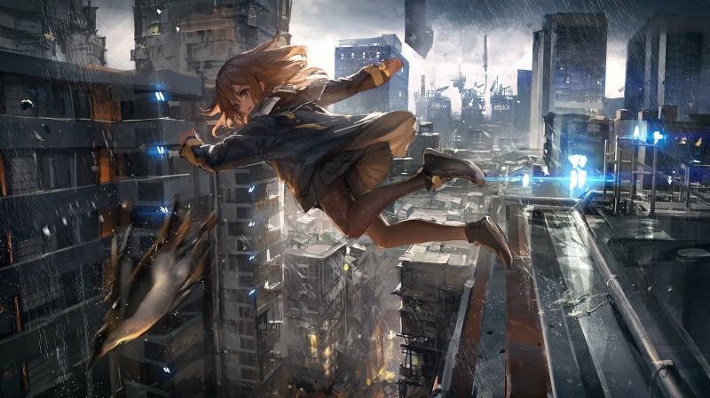 anime girls, city life, skyscraper, 720P, communication, one person, built structure, young adult, illuminated, nature, anime, real people, digital composite