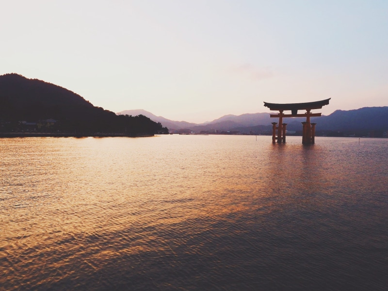 scenics - nature, shine, lake, non-urban scene, 1080P, built structure, nature, sky, water, mountain, tranquility, waterfront, miyajima, torii, tranquil scene