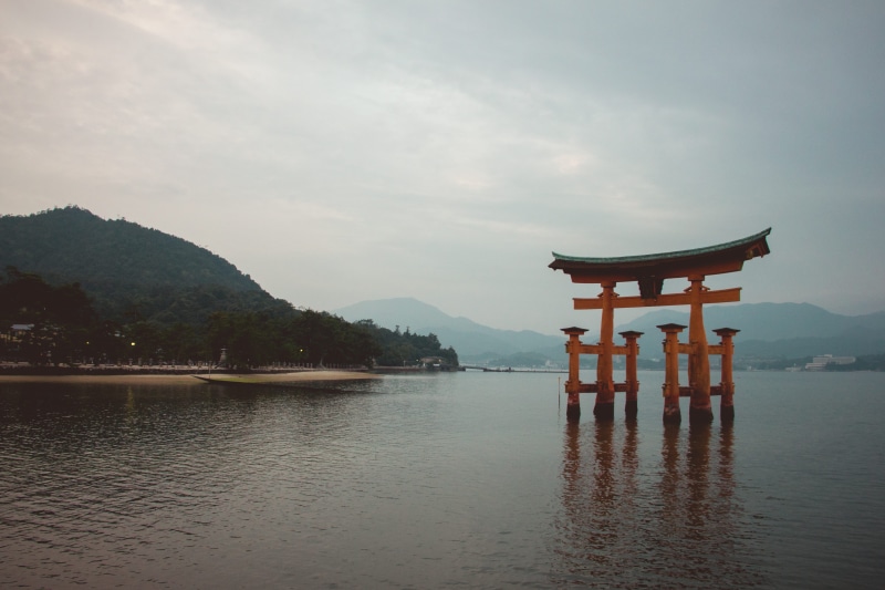 no people, tori, spirituality, waterfront, miyajima, travel, scenics - nature, belief, travel destinations, nature, cloud - sky, beauty in nature, water
