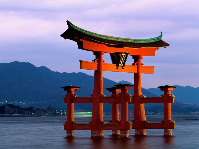 no people, travel destinations, built structure, tourism, Japan, belief, architecture, dusk, travel, sky, nature, sea, Itsukushima shrine, Grand gate, wood - material