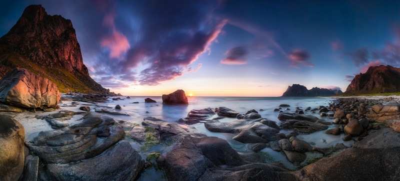 sea, panoramic, water, tranquility, surrounded, scenics - nature, sunset, Norway, beach, landscape, body, mountains, horizon, sky, rock - object, 1080P