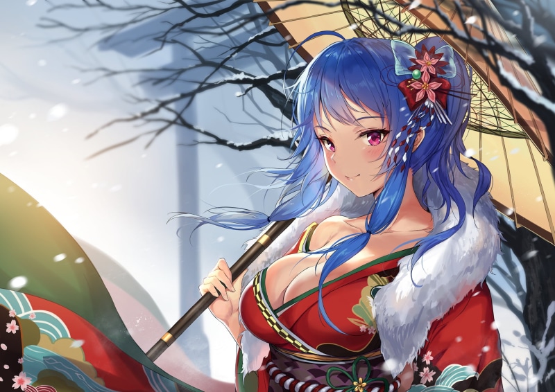 2D, women, snow, artwork, illustration, branch, cleavage, Japanese umbrella, winter, drawing, tori, 720P, blue hair, portrait, anime girls, digital art
