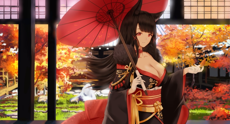dress, red, autumn, japanese, 4K, ears, clothes, leaves, long, tree, hair, animal, (artist), umbrella, bow, konachan, eyes, black, lane, com, grass, 261220