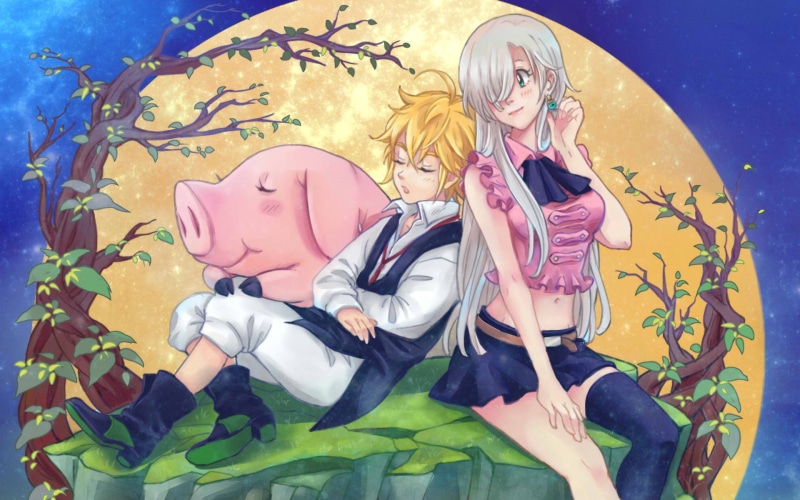 Anime, The Seven Deadly Sins, Meliodas (The Seven Deadly Sins), Moon, Girl, Night, Blue Eyes, 1080P, Long Hair, Sleeping, Earrings, Boots, Blush, Skirt