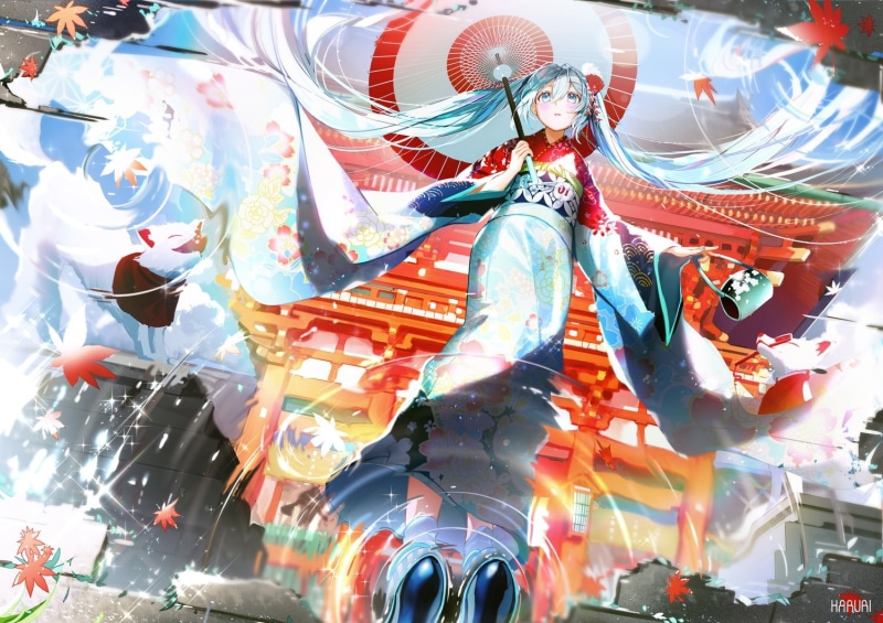 kimono, water, Japanese clothes, blush, reflection, green eyes, 720P, umbrella, long hair, green hair, Hatsune Miku, twintails