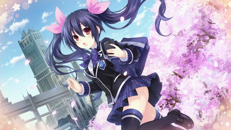 Red Eyes, Hyperdimension Neptunia, School Uniform, Noire (Hyperdimension Neptunia), Sakura, Skirt, Twintails, bow (Clothing), Video Game, 1080P, Long Hair