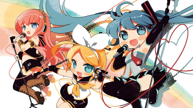 microphone, thigh-highs, blue eyes, bangs, human representation, miku, school uniform, boots, Hatsune Miku, two, representation, close-up, disguise, indoors
