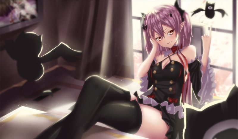 Krul Tepes, Collar, Vampire, Anime, Seraph of the End, Pointed Ears, Pink Eyes, Fangs, bow (Clothing), Black Dress, 1080P, Window, Blush, Twintails, Dress