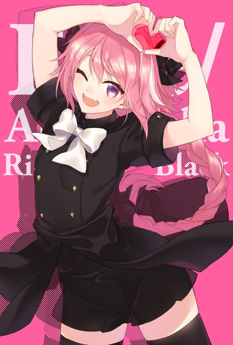 curvy, Fate/Grand Order, FGO, fangs, multi-colored hair, the gap, pink hair, long hair, buttons, vertical, bangs, pink background, femboy, Fate/Apocrypha