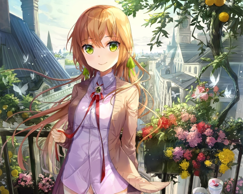Long Hair, Flower, Butterfly, Ribbon, Original (Anime), Colorful, Building, bow (Clothing), Original, Anime, Green Eyes, Blush, 720P, Girl, Shirt, Petal