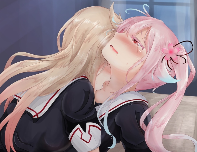 com, long, tears, blonde, yuri, hat, hair, ribbons, twintails, eyes, blush, ears, konachan, 251864, animal, red, pink, noyomidx, blood, 2girls, 1080P