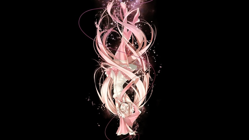 zettai ryouiki, skirt, pink hair, thigh high boots, falling, anime girls, detached sleeves, twintails, simple background, Vocaloid, Sakura Miku, tie, leaves