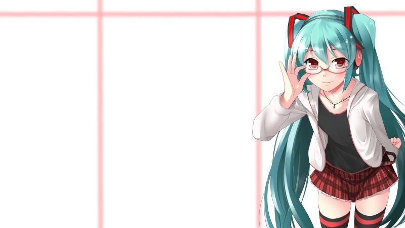twintails, anime girls, green hair, Hatsune Miku, glasses, necklace, zettai ryouiki, 2K, shirt, long hair, jacket, skirt, thigh-highs, red eyes, Vocaloid