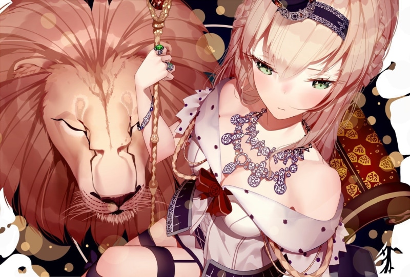braids, dress, Kantai Collection, garter belt, long hair, animals, hair bows, blonde, lion, staff, necklace, 720P, crown, headdress, green eyes