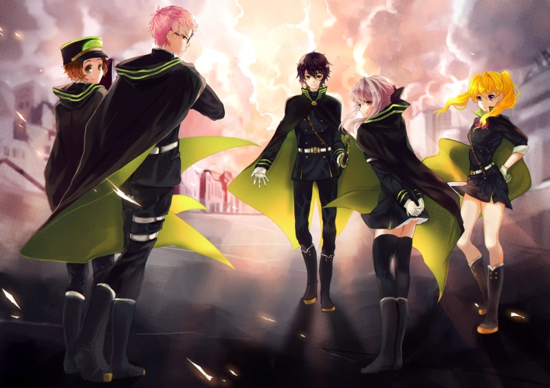Thigh Highs, Shihō Kimizuki, 2K, Seraph of the End, Girl, Brown Hair, Cape, Mitsuba Sangū, Pink Hair, Purple Eyes, Long Hair, Skirt, Smile, Twintails