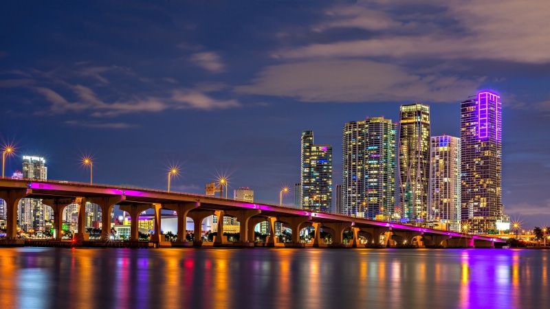 2K, Biscayne Bay, Florida, building, Bay, skyscrapers, FL, bridge, Miami, night city