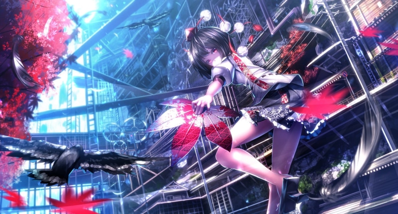 silver colored, real people, hairstyle, side view, red, Touhou, metal, illuminated, Shameimaru Aya, full length, adult, lifestyles, digital composite, night