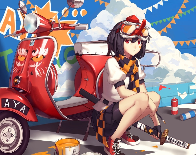 full length, Touhou, art and craft, sunglasses, day, front view, hairstyle, Shameimaru Aya, beautiful woman, representation, casual clothing, one person