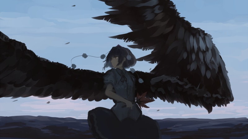 one animal, animal wildlife, outdoors, animal wing, animal, bird, low angle view, sunlight, anime, angel, feather, animal themes, one person, nature, animals in the wild