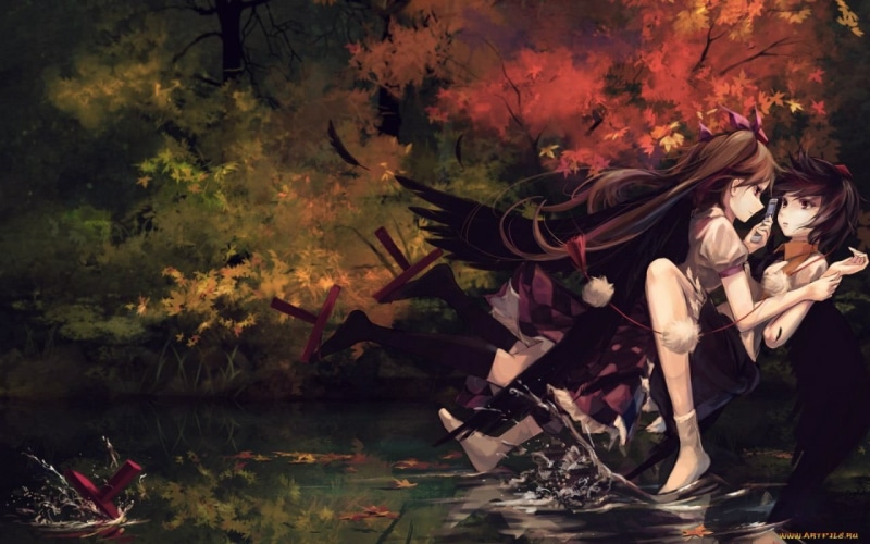 Touhou, leaves, people, characters, leisure activity, adult, autumn, lake, water, real people, tree, full length, nature, change, yuri, day, outdoors, illustration