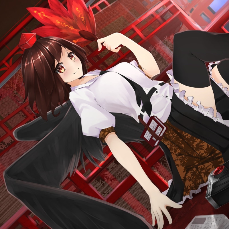 lying down, hairstyle, looking at camera, lifestyles, Shameimaru Aya, fashion, one person, indoors, wings, clothing, anime, front view, real people, portrait