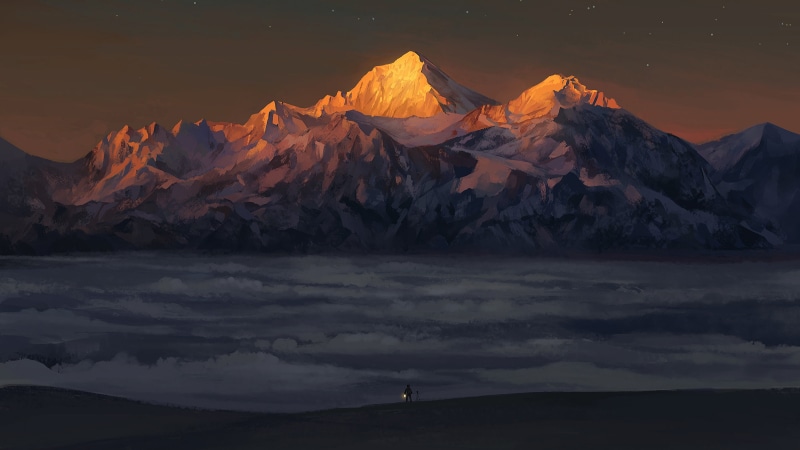 snowcapped mountain, astronomy, sunset, clouds, stars, beauty in nature, idyllic, scenics - nature, 2K, water, cold temperature, sunrise, remote, lantern