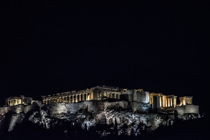 clear sky, residential district, 2K, outdoors, shrine, night, city, castle, urban, sky, copy space, downtown, nighttime, old, temple, building exterior
