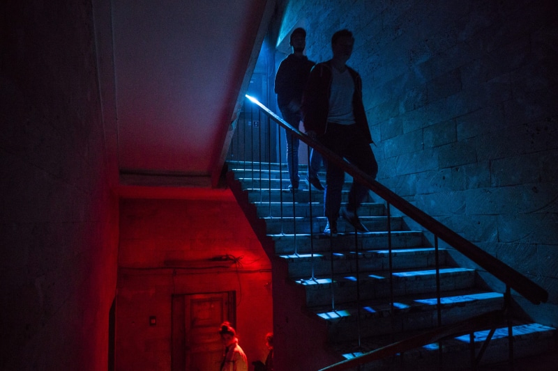 person, mood, interior design, staris, indoors, neon, nightlife, railing, moving down, architecture, dark, men, moving up, smena club, two, one person