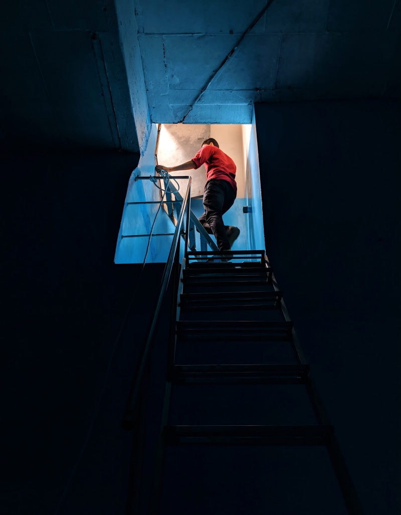 men, architecture, ladder, human, wood, railing, low angle view, staircase, stairs, red, standing, man, banister, steps and staircases, starcase, india