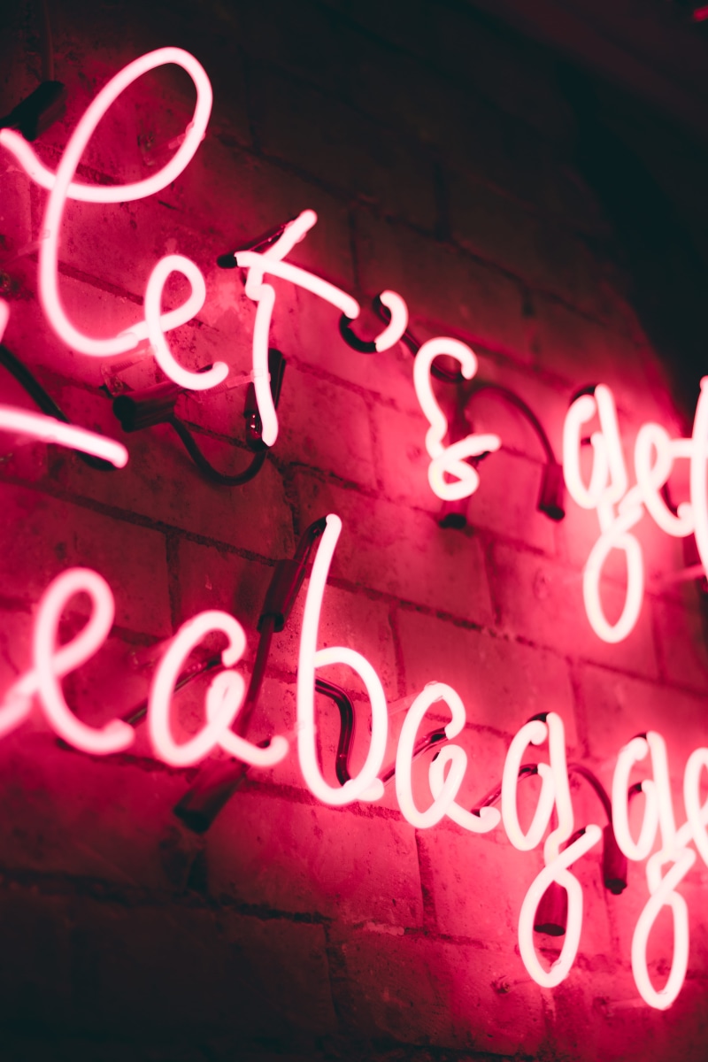 evening, pub, neon, bar, concrete, design, no people, signage, message, graffiti, capital letter, red, moody, close-up, 5K, font, sign, lighting equipment