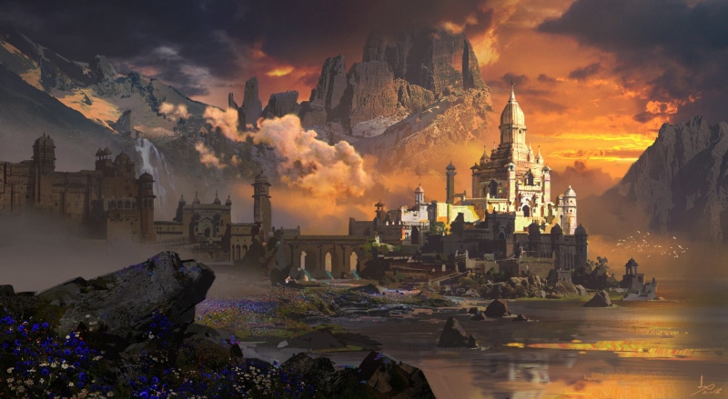 sunset, landscape, castle, concept art, fantasy city, 1080P, artwork, fantasy art, digital