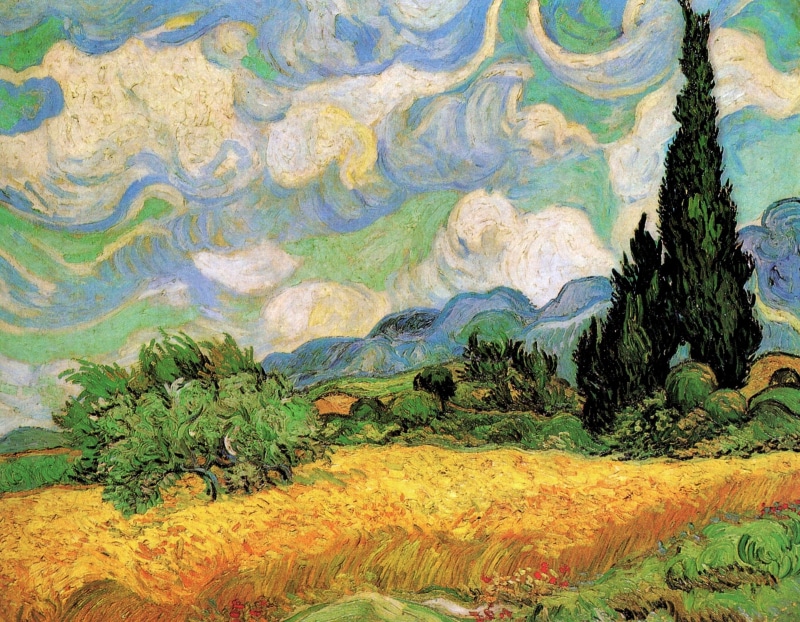 Eygalieres, Cypresses at the Haute, Wheat Field with, Galline Near, Vincent van Gogh, 2K