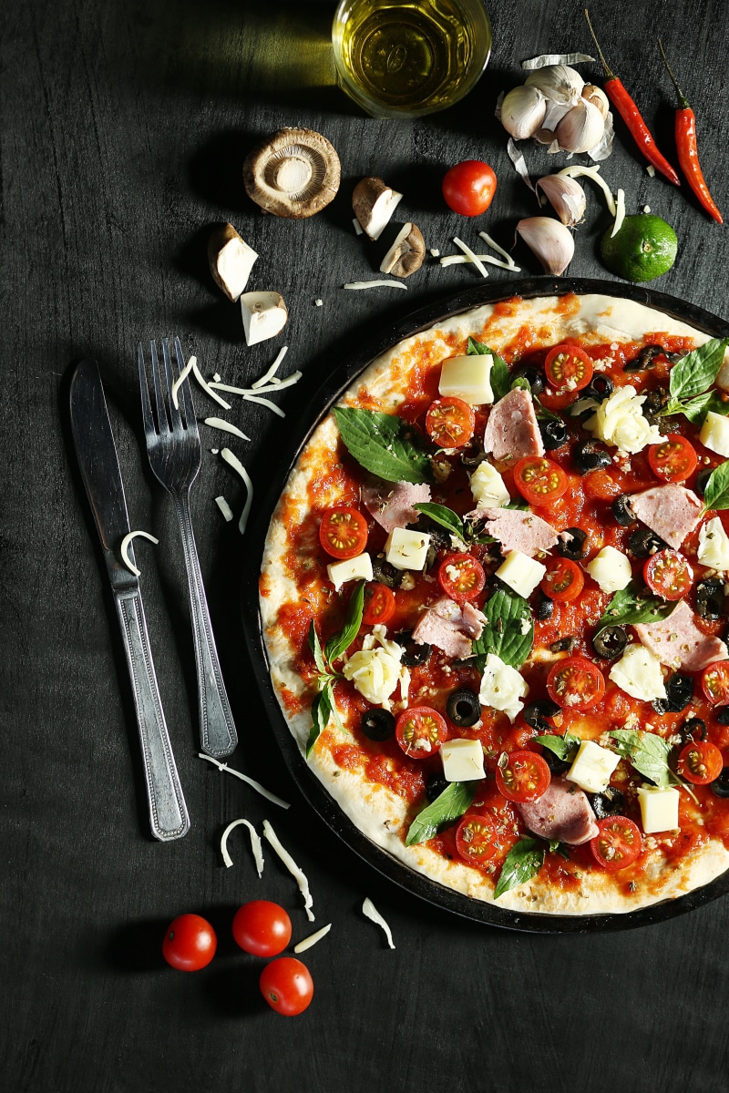 indoors, fruit, kitchen, steel, temptation, knife, pizza dominos, vegetable, no people, italian food, pizza, wellbeing, 5K, fork, cherry tomato, pizza hut