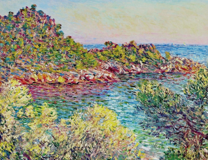 rock, land, outdoors, multi colored, high angle view, trees, 2K, tranquil scene, Claude Monet, no people, sea, beach, idyllic, tranquility, picture, body