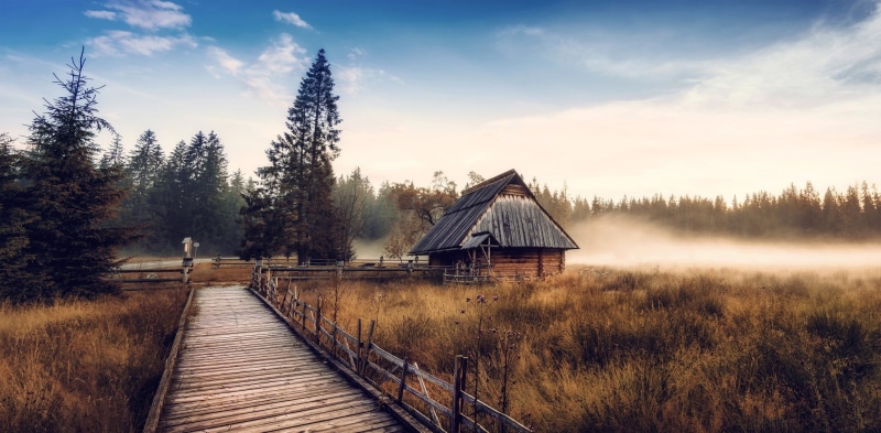 retro Styled, dry grass, hut, autumn, beauty In Nature, mountain, environment, sunrise - Dawn, land, non-Urban Scene, no People, forest, landscape, building exterior
