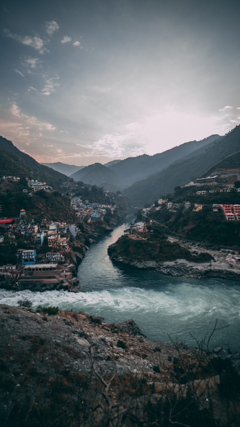 landscape, water, tranquil scene, ocean, building exterior, ganga, 5K, uttarakhand, aerial view, mountains, tranquility, alaknanda, canal, built structure
